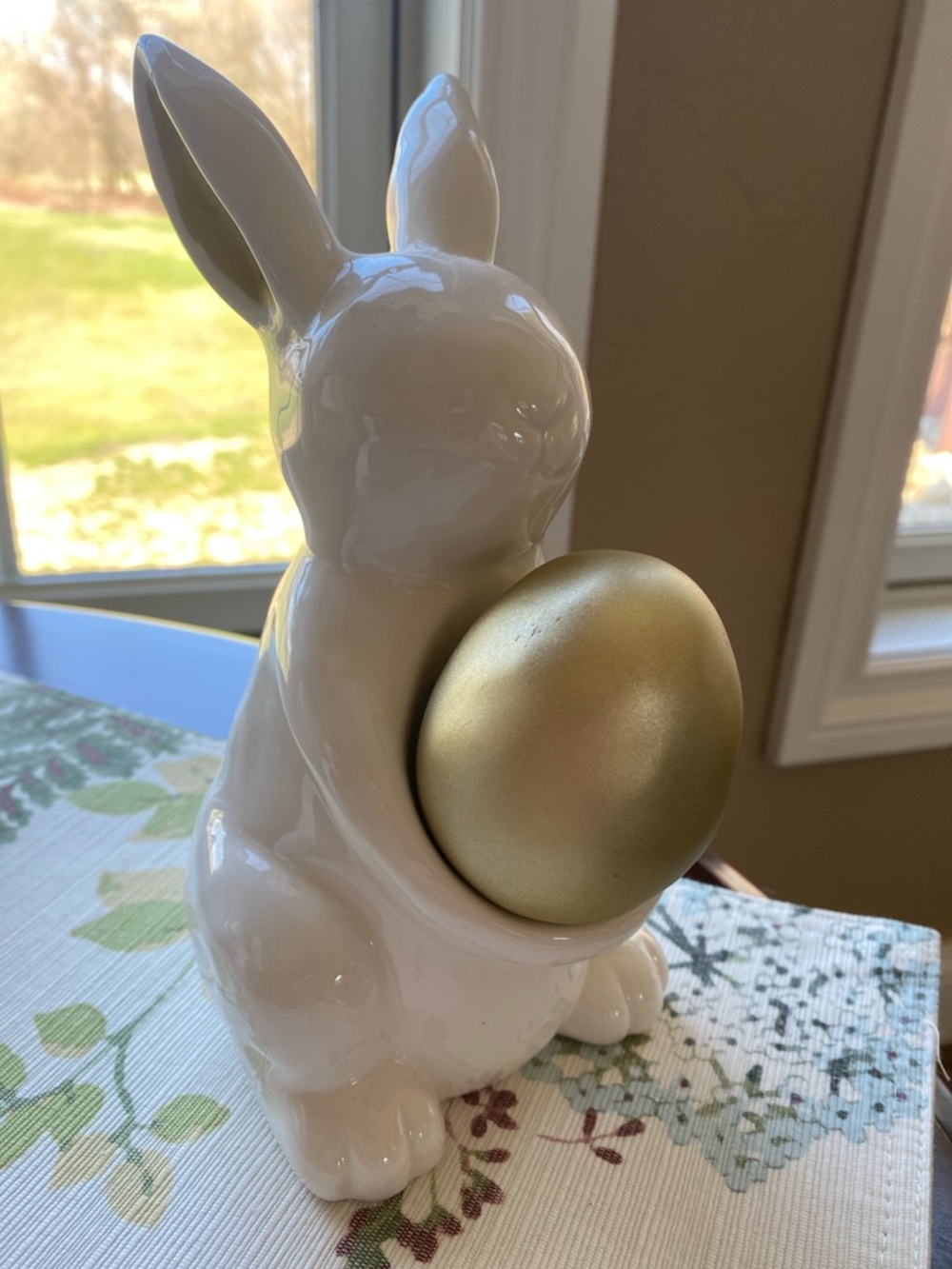 Ceramic White Bunny Figurine with Gold Accent Egg & wooden bunny decor - Picture 2 of 10
